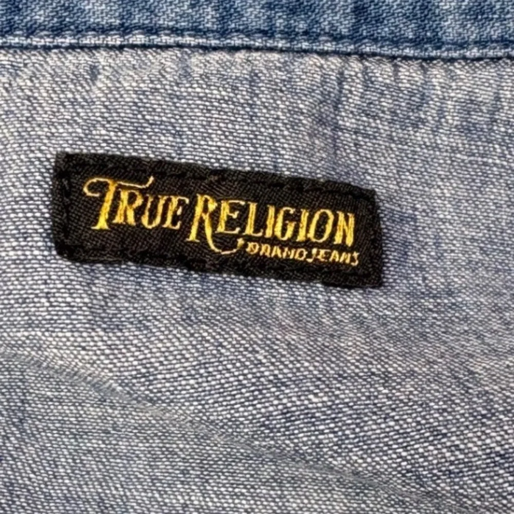 True Religion Mens Striped Denim Western‎ Shirt XXXL XXXG Distressed Italy